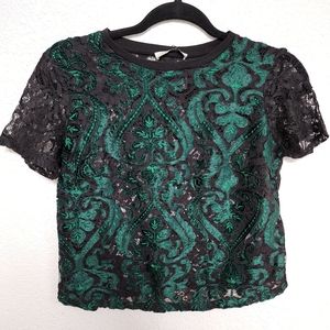 Zara green black lace cropped top size X/S new